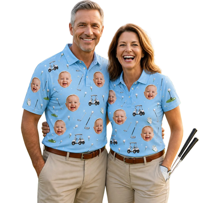 Custom Face Matching Golf Polo Shirt For His And Her, Custom Photo Golf Shirts For Couple GE0594