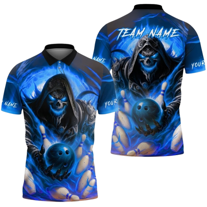 Custom Skeleton Blue Flame Bowling Polo Shirt Mens, Custom Team Skull Bowling Shirts BZ0505