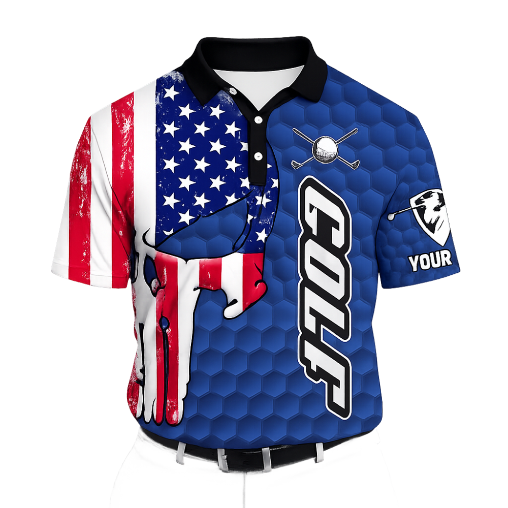 American Flag Skull Custom Men's Navy Golf Polo Shirts, Custom Patriotic Skull Golf Shirts GZ0287