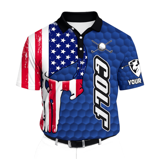 American Flag Skull Custom Men's Navy Golf Polo Shirts, Custom Patriotic Skull Golf Shirts GZ0287