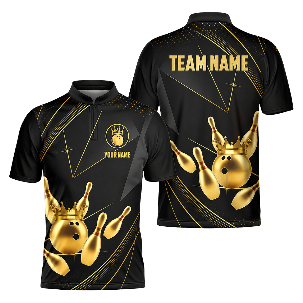 Custom Team Black Gold Bowling Men Jersey, Custom Bowling Team Shirts BZ0440