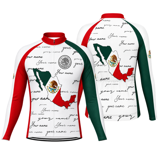 Mexico Flag Custom Name Long Sleeve Men's Cycling Jersey, Custom Mexico Cycling Jerseys CG0809