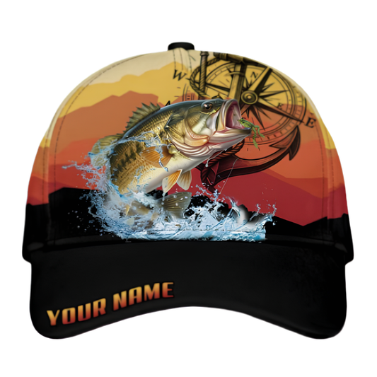 Custom Bass Fishing Baseball 3D Printed Cap With Name, Custom Bass Fishing Hat CP0499