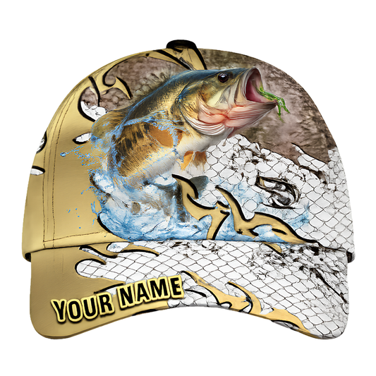 Custom Bass Fishing Gold Baseball Cap 3D Printed, Custom Bass Fishing Cap For Fisherman CP0500