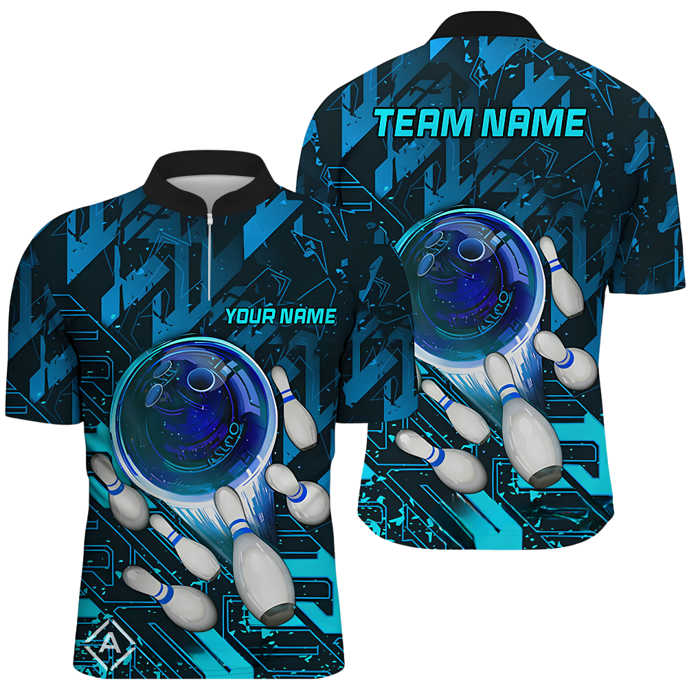 Custom Team Cyan Black Bowling Jersey For Men, Custom Bowling Shirts BZ0474