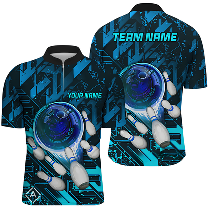 Custom Team Cyan Black Bowling Jersey For Men, Custom Bowling Shirts BZ0474