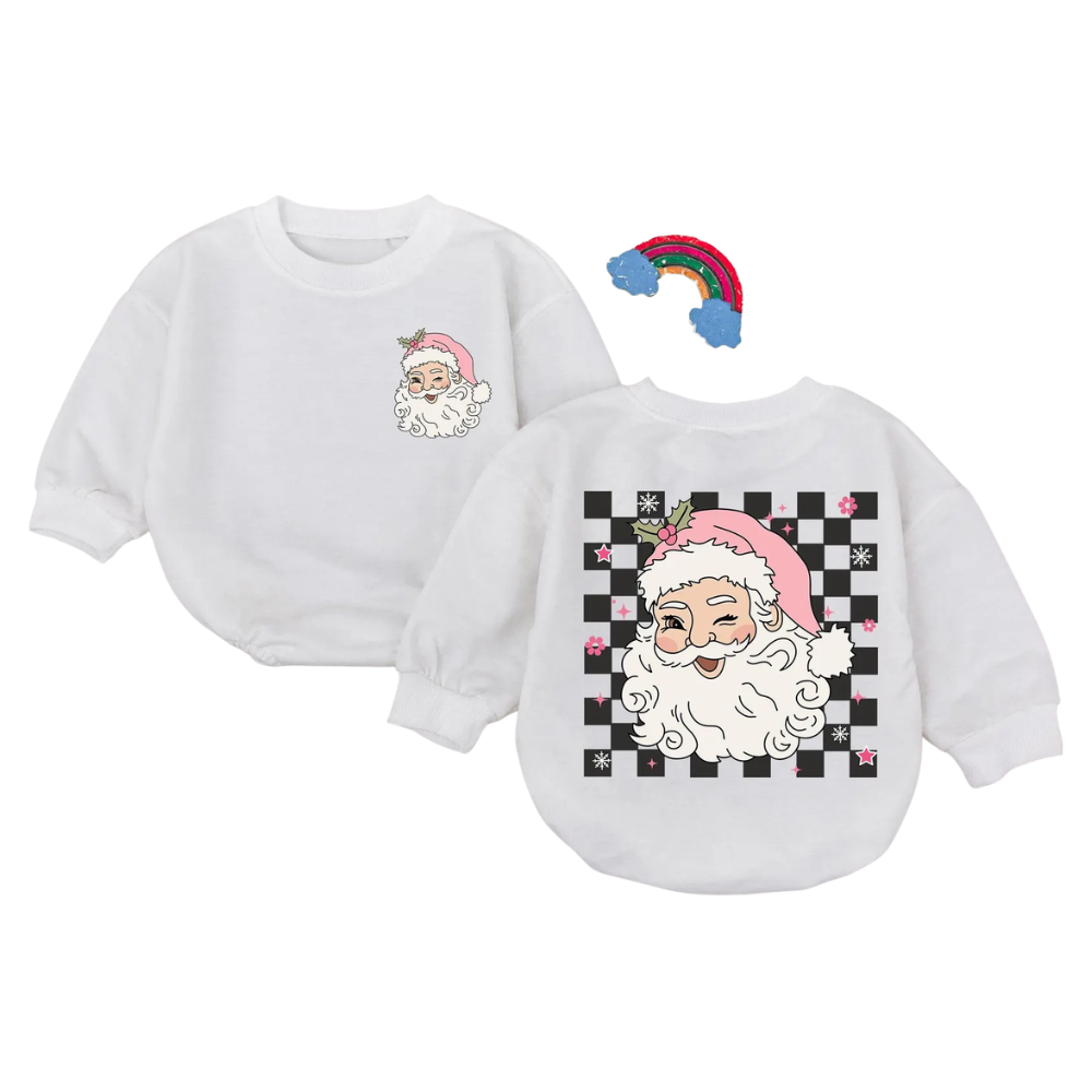 Retro Pink Santa Claus Baby Romper Sweatshirt, Christmas Romper Sweatshirt For Baby Girl BB0050