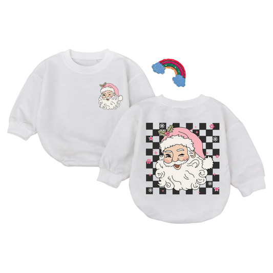 Retro Pink Santa Claus Baby Romper Sweatshirt, Christmas Romper Sweatshirt For Baby Girl BB0050