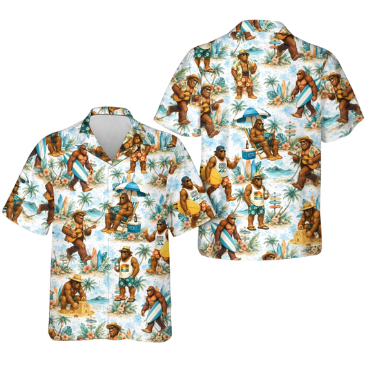 Bigfoot Surfing Beach Men's Hawaiian Shirt, Sasquatch Tropical Hawaiian Shirts HE0588