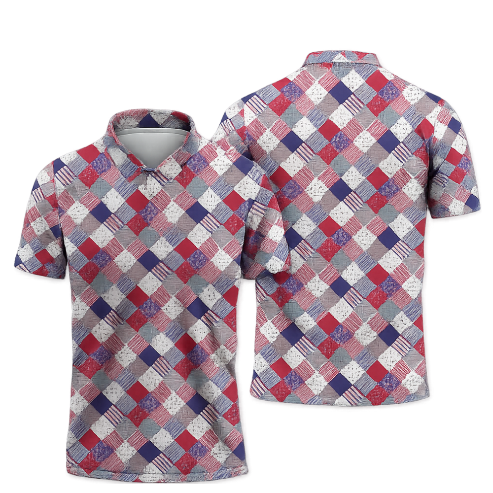 Blue Red White USA Flag Patchwork Golf Polo Shirt Men, Patriotic Golf Shirt 4th Of July GZ0283