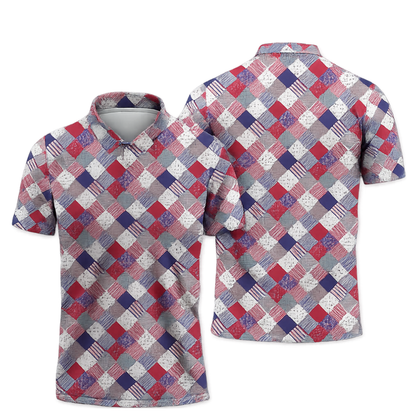 Blue Red White USA Flag Patchwork Golf Polo Shirt Men, Patriotic Golf Shirt 4th Of July GZ0283