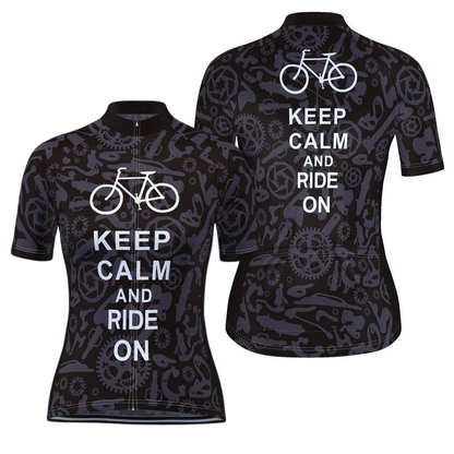 Keep Calm And Ride On Women's Cycling Short Sleeve Jersey, Black And White Cycling Jerseys For Ladies CG0820