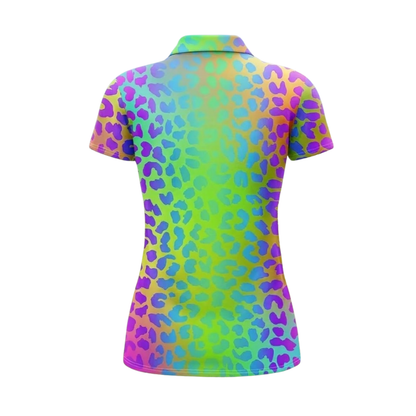 Neon Leopard Golf Women Polo Shirt, Colorful Leopard Golf Shirts For Ladies GE0433