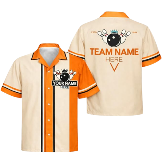 Custom Retro Beige Orange Hawaiian Bowling Shirts, Custom Retro Bowling Team Shirt  BZ0453