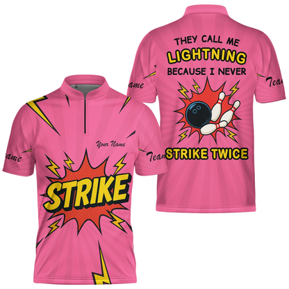 Thet Call Me Ligtning Because I Never Strike Twice Custom Mens Blue Bowling Jerrsey, Custom Funny Bowling Team Shirts BZ0605