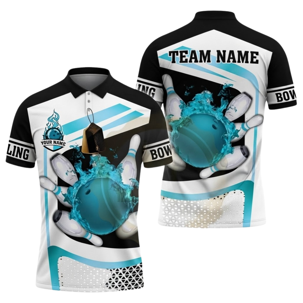 Flame Ball Custom Mens Bowling Polo Shirt, Custom Flame Bowling Team Shirts BZ0793