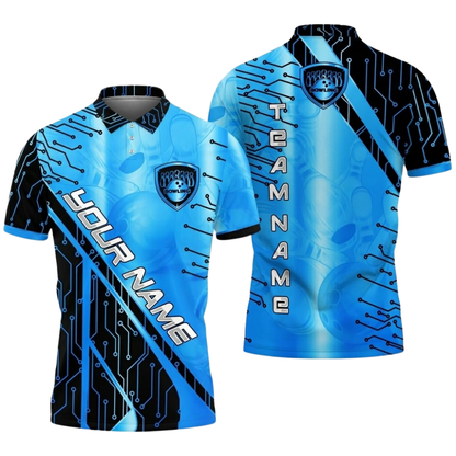 Electronic Circuit Custom Mens Cyan Black Bowling Polo Shirt, Custom Team Bowling Shirt BZ0780
