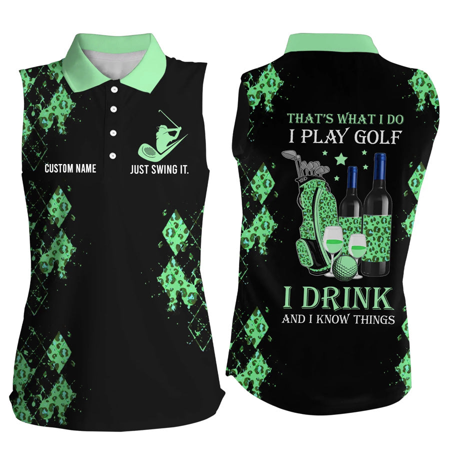 Personalized leopard Women sleeveless polo shirt multicolor, funny golf wine That's what I do, I play golf drink SO1345