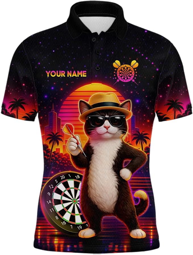 Custom Cat Funny Dart Polo Shirt For Men, Custom Cat Darts Team Shirt DZ0180
