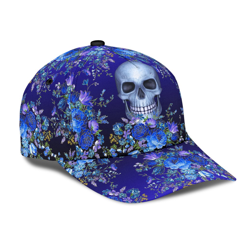 3D Skull Classic Cap Hat With Blue Floral Pattern, Flower Skull Cap Hat For Her, Women Skull Cap CO0662