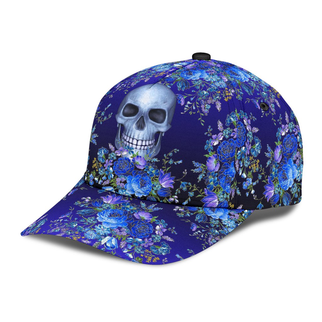 3D Skull Classic Cap Hat With Blue Floral Pattern, Flower Skull Cap Hat For Her, Women Skull Cap CO0662