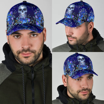 3D Skull Classic Cap Hat With Blue Floral Pattern, Flower Skull Cap Hat For Her, Women Skull Cap CO0662