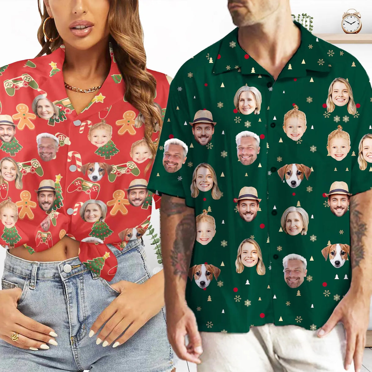 Custom Family Faces Christmas Hawaiian Shirt For Men Women, Custom Christmas Hawaiian Shirt With Photo HE0838