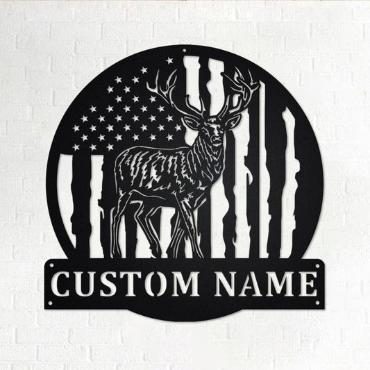 Custom US Flag Reindeer Metal Wall Art, Personalized Reindeer Name Sign Decoration For Room CN4603