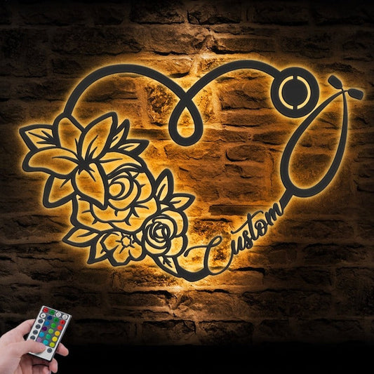 Custom Floral Heart Stethoscope Nursing Metal Wall Art LED RGB Light, Gift For Nurse, Custom Name Gift CN2613