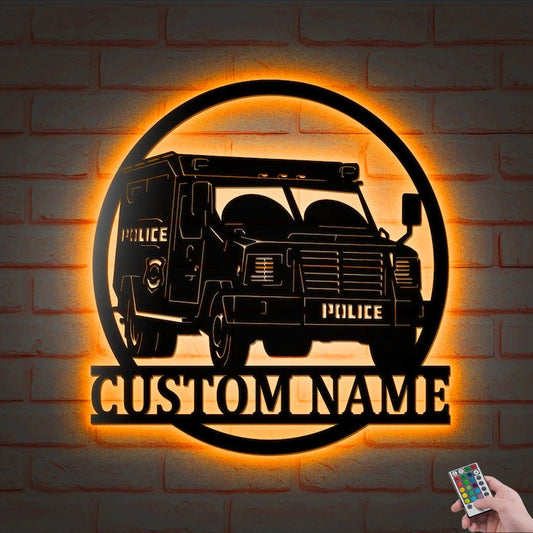 Police Car Personalized Led Lights Metal Wall Art, Custom Policeman Name Sign Decoration Hanging for Home Room, Policeman Gift CN1529