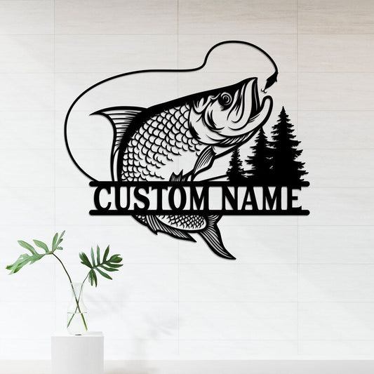 Custom Tarpon Fishing Metal Wall Art with Led Light, Fishing Gifts for Men Father's Day Gift, Fisher Name Sign Cabin Decor, Metal Fish Sign CN1672