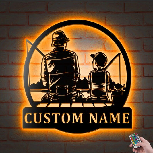 Custom Dad and Son Fishing Metal Wall Decor With Led Lights Personalized Fisher Name Sign Decoration For Living Room, Father's Day Gifts CN1670