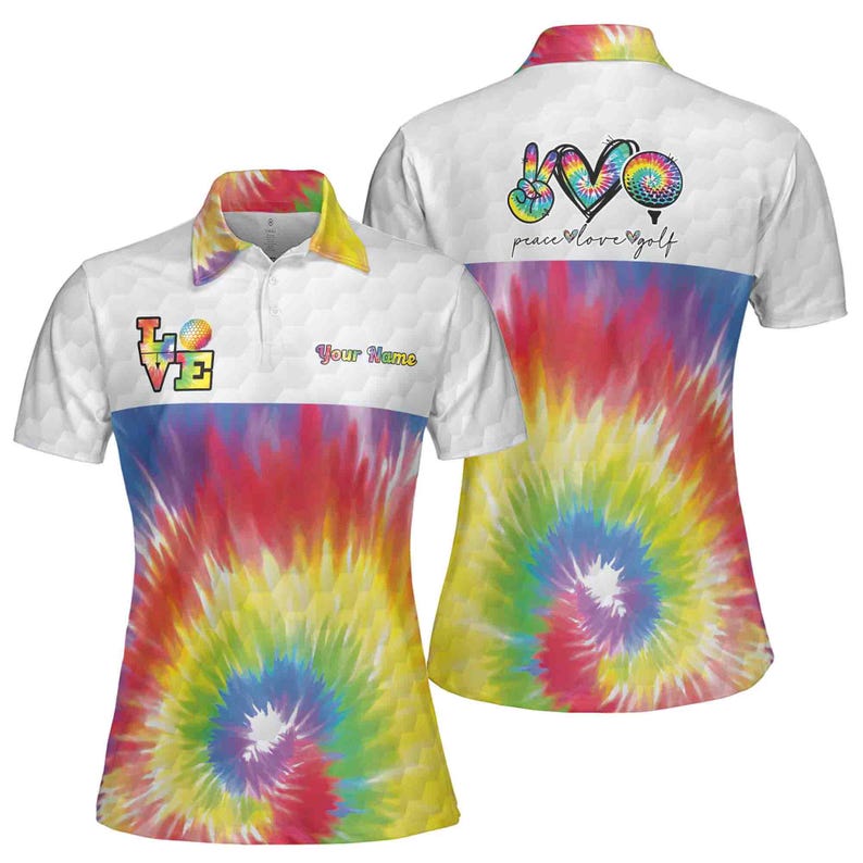 Custom Peace Love Golf Tie Dye Golf Polo Shirt For Women, Custom Tie Dye Golf Shirt GE0011