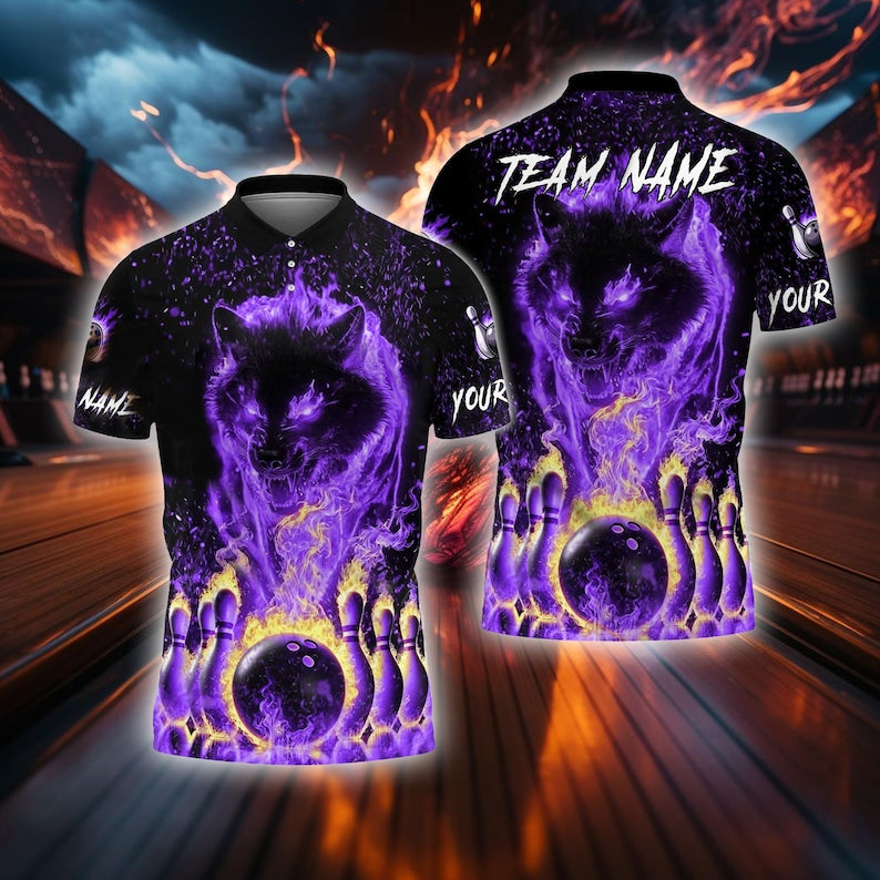 Custom Blue Flame Wolf Bowling Polo Shirt For Men, Custom Wolf Bowling Team Shirts BE0061