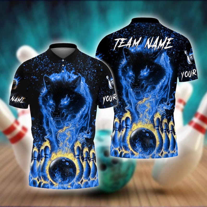 Custom Blue Flame Wolf Bowling Polo Shirt For Men, Custom Wolf Bowling Team Shirts BE0061