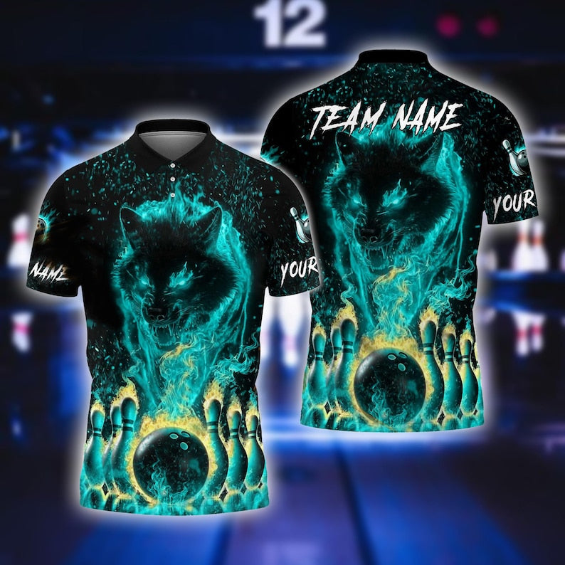 Custom Blue Flame Wolf Bowling Polo Shirt For Men, Custom Wolf Bowling Team Shirts BE0061