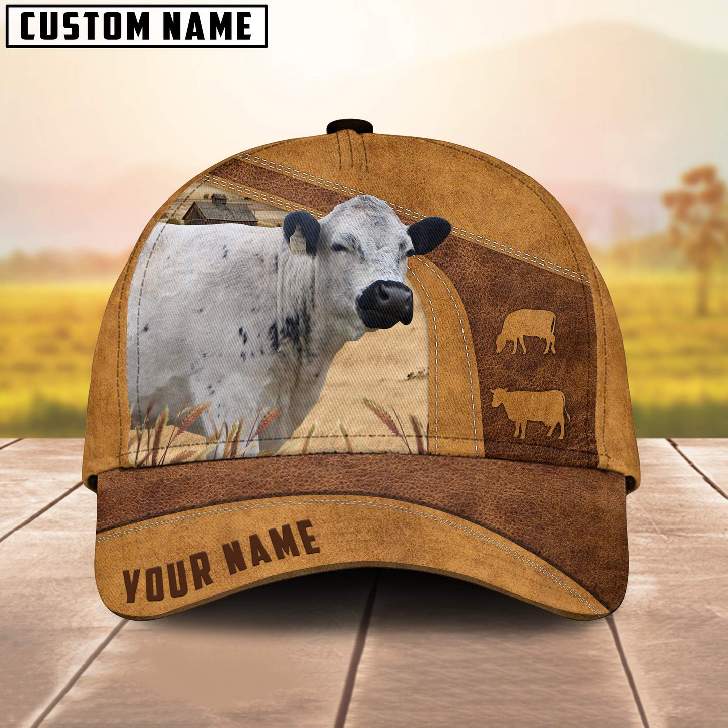 British White No Horns Custom Name Retro 3D Cap 3D All Over Print Baseball Cap, Cap For Farm Lovers, Animal Cap, Leather Pattern Cap CA3037
