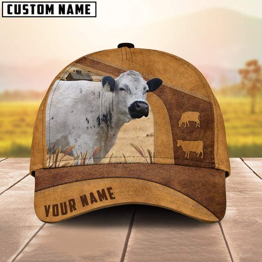 British White No Horns Custom Name Retro 3D Cap 3D All Over Print Baseball Cap, Cap For Farm Lovers, Animal Cap, Leather Pattern Cap CA3037