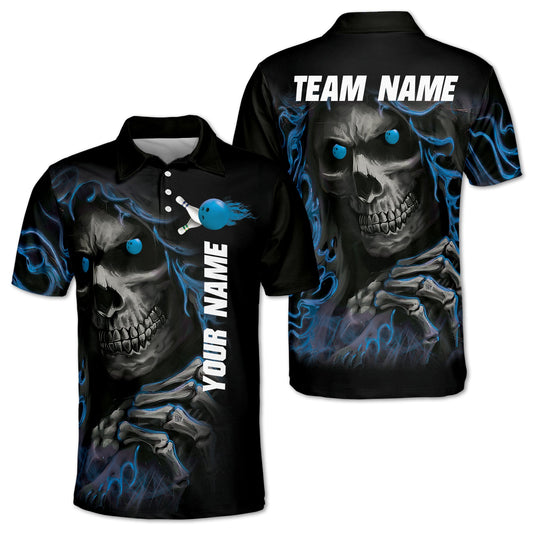 Custom Black And Blue Skull Bowling Polo Shirt For Men, Custom Skull Bowling Team Shirts BZ0009