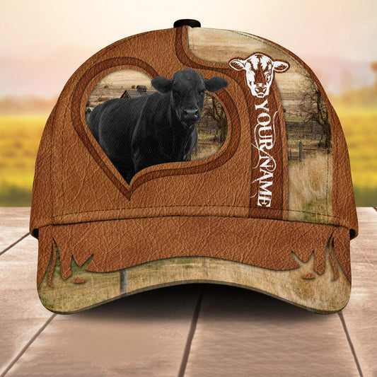 Black Angus Custom Name Heart 3D Cap 3D All Over Print Baseball Cap, Cap For Farm Lovers, Animal Cap, Leather Pattern Cap CA3081