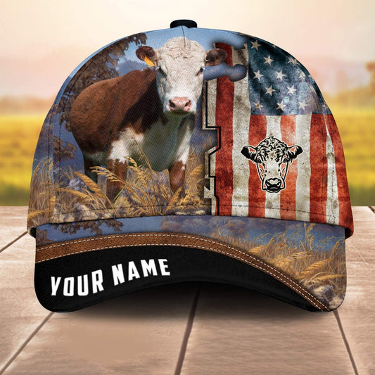 Custom Name Hereford American Cale 3D Cap 3D All Over Print Baseball Cap, Cap For Farm Lovers, Animal Cap, Leather Pattern Cap CA3232