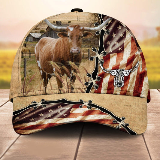 Texas Longhorn American Flag Custom Name Retro 3D Cap 3D All Over Print Baseball Cap, Cap For Farm Lovers, Animal Cap, Leather Pattern Cap CA3062