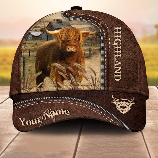 Highland Customized Name Leather Pattern 3D Cap 3D All Over Print Baseball Cap, Cap For Farm Lovers, Animal Cap, Leather Pattern Cap CA3123
