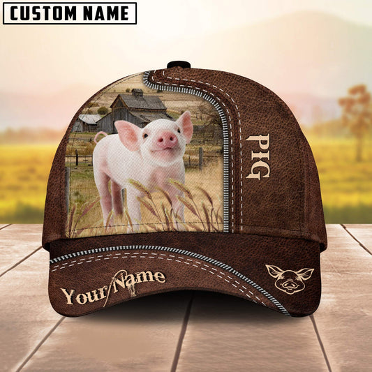 Pig Customized Name Leather Paern 3D Cap 3D All Over Print Baseball Cap, Cap For Farm Lovers, Animal Cap, Leather Pattern Cap CA3142