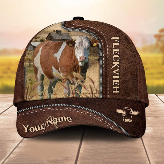 Fleckvieh Customized Name Leather Pattern 3D Cap 3D All Over Print Baseball Cap, Cap For Farm Lovers, Animal Cap, Leather Pattern Cap CA3144