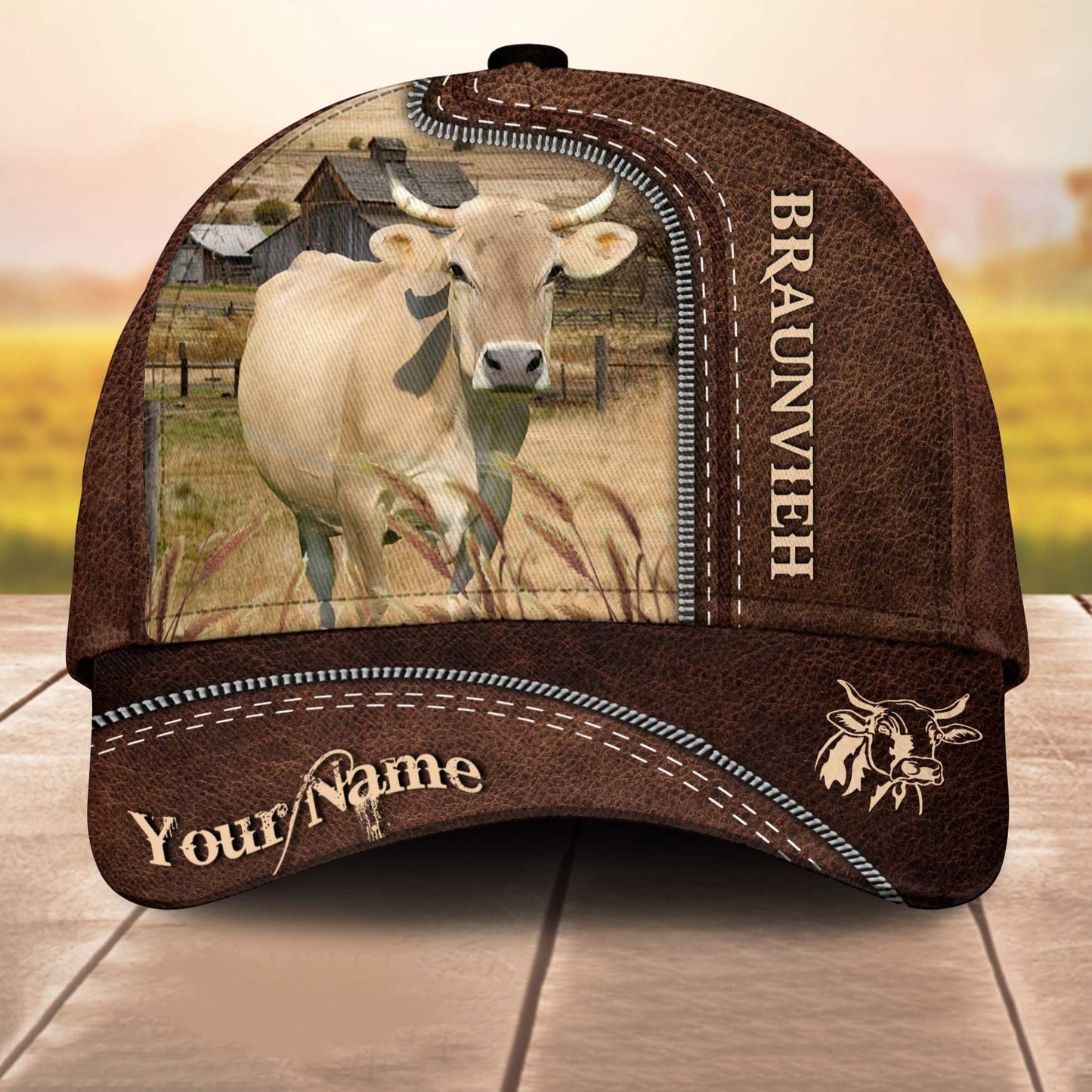 Braunvieh Brownie Customized Name Leather Paern 3D Cap 3D All Over Print Baseball Cap, Cap For Farm Lovers, Animal Cap, Leather Pattern Cap CA3150