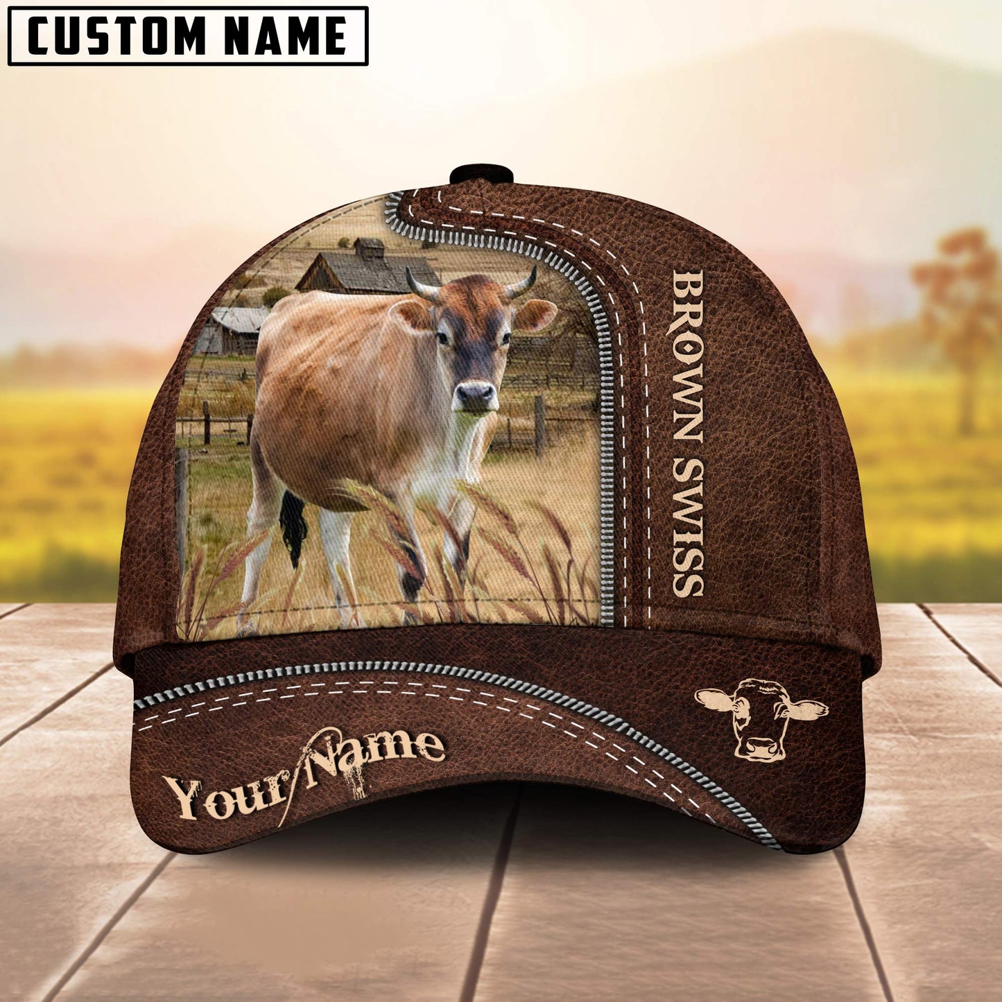 Brown Swiss Customized Name Leather Paern 3D Cap 3D All Over Print Baseball Cap, Cap For Farm Lovers, Animal Cap, Leather Pattern Cap CA3145