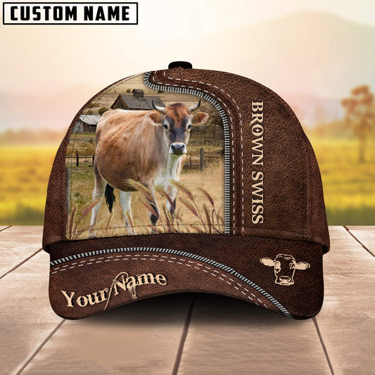 Brown Swiss Customized Name Leather Paern 3D Cap 3D All Over Print Baseball Cap, Cap For Farm Lovers, Animal Cap, Leather Pattern Cap CA3145