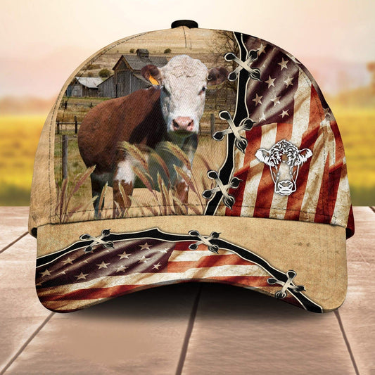 Hereford American Flag Custom Name Retro 3D Cap 3D All Over Print Baseball Cap, Cap For Farm Lovers, Animal Cap, Leather Pattern Cap CA3064