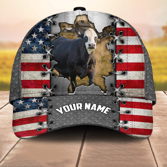 Black Baldy Customized Name Us Flag 3D Cap 3D All Over Print Baseball Cap, Cap For Farm Lovers, Animal Cap, Leather Pattern Cap CA3171